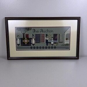 Vintage 1990 The Auction Cross Stitch Framed Folk Art Americana Signed MB